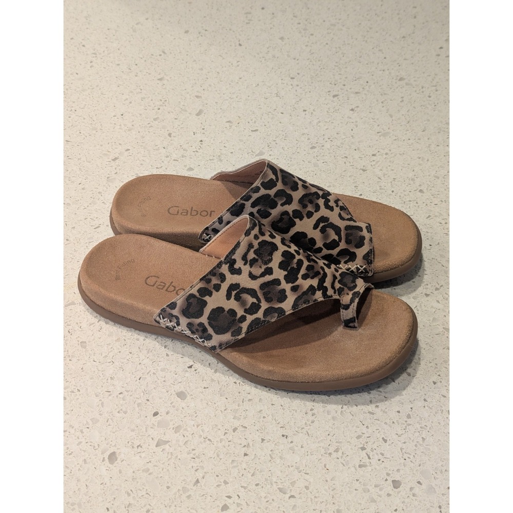 Gabor Comfort Sandals Womens Sz 37 (5 US) Leopard Print Leather Slip On Toe Loop